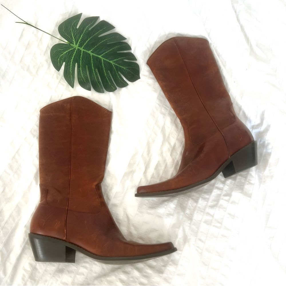 Leather Hand Stitched Mid Calf Western Boots Made In Brazil